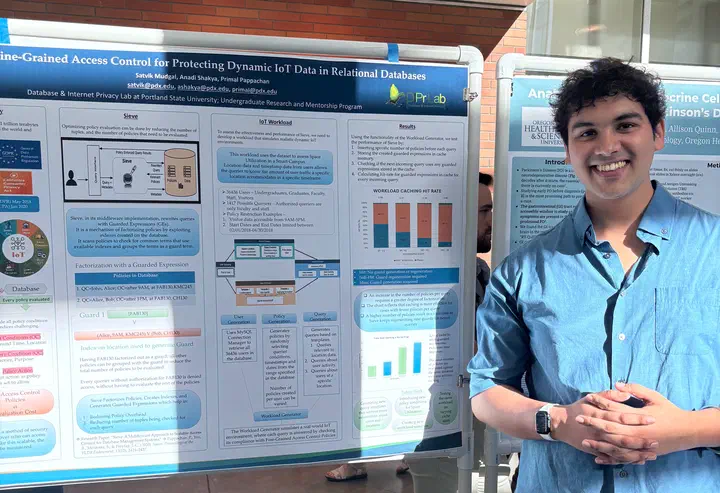Satvik Mudgal presenting a poster about Sieve at the Maseeh College Research Week Open House